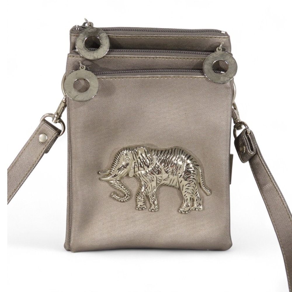 Vintage NIMA CROSSBODY PURSE BAG Warm Pewter Color SILVER ELEPHANT FIGURAL FRONT